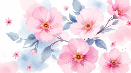 Pink watercolor flowers seamless pattern transparent background