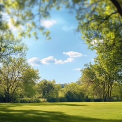 Fototapeta premium Sunny park landscape, green grass, trees, blue sky, nature scene, perfect for travel brochures