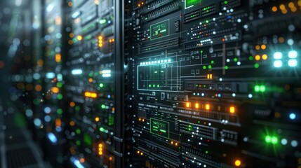 Obraz premium Close-up view of a modern server room with illuminated panels and data cables, showcasing technology