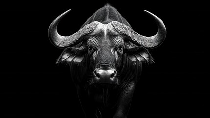 Naklejka premium Close-up of an African buffalo with powerful horns and an intense gaze on a black background
