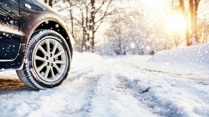 A close-up of a car wheel on a snowy road with falling snowflakes and sunlight streaming through the trees, creating a dynamic and wintery atmosphere