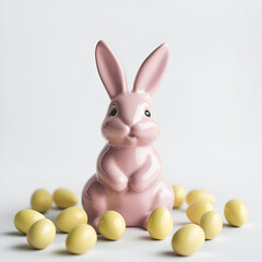 Obraz premium Pink ceramic Easter bunny surrounded by pastel yellow eggs. Festive spring decoration.