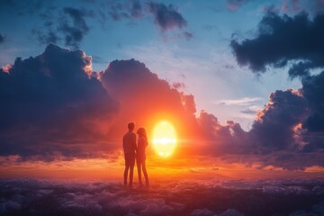 Obraz premium Romantic sunset silhouette of couple standing together by the ocean shore
