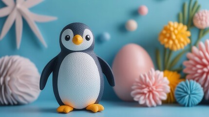 Naklejka premium Adorable penguin chick with fluffy black-and-white plumage on a blue background, creating a warm atmosphere