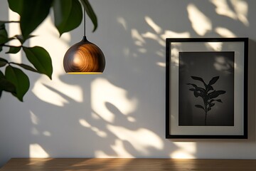 Modern Wooden Pendant Lamp and Plant Print Decor