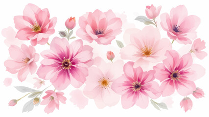 Pink watercolor flowers seamless pattern transparent background