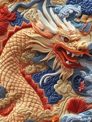 Fototapeta premium A dragon is embroidered on a piece of fabric. The dragon is orange and blue, and it has a mouth that is open. The dragon is surrounded by clouds and water, which gives the image a sense of movement