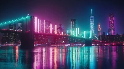 Neon-lit NYC bridge at night, city skyline reflection, futuristic cityscape. Use travel, tech, future