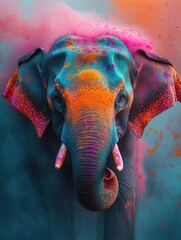 Obraz premium Close-up of an Indian elephant decorated with vibrant Holi colors, featuring contrasting pink, blue, and yellow shades