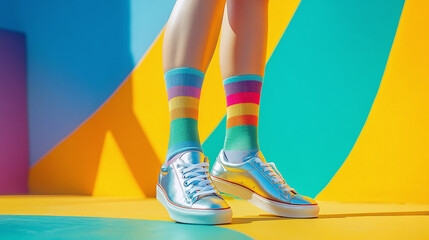 Close-up of shiny silver sneakers and rainbow-striped socks against a colorful geometric background, creating a bold, vibrant, and playful fashion statement.