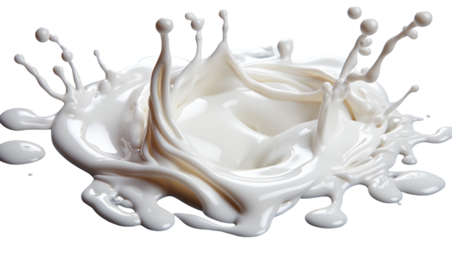 Dynamic milk splash in creamy white liquid, fresh dairy product photography with flowing textures, transparent background.