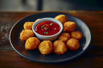 A plate of crispy tater tots served with ketchup for dipping