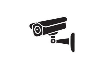 simple and subtle vector silhouette of cctv camera in black and white, set against a white background. 