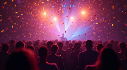 Close-Up Concert Crowd: Confetti and Colorful Stage Lights in Action