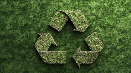 A symbol of recycling made from grass texture, emphasizing sustainability and eco-friendliness in environmental awareness.