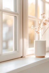 This close-up features a clean window frame providing a glimpse of a peaceful neighborhood bathed in soft, natural light. The space invites tranquility and comfort, perfect for relaxation