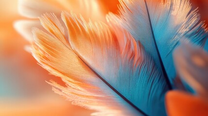 Naklejka premium Macro photograph of orange and blue feather details, showcasing delicate patterns and vivid natural colors