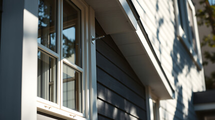 Modern House Exterior with White Window and Dark Siding. High-quality architecture, real estate photography