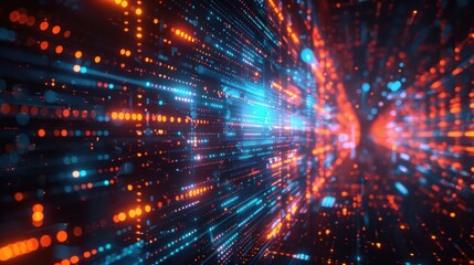 Fototapeta premium Vibrant abstract digital tunnel with glowing particles and light trails in motion