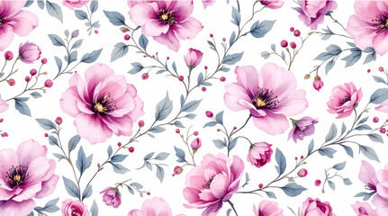 Purple watercolor flowers seamless pattern transparent background