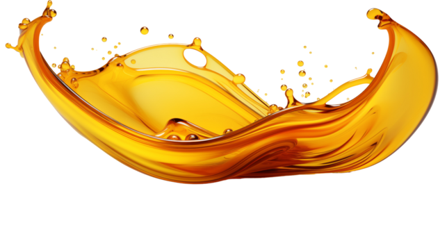 Golden liquid splash with dynamic wave motion, abstract 3D-rendered texture for energy-themed designs, transparent background.