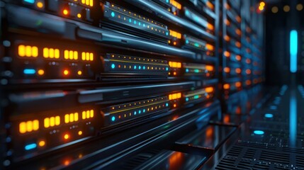 Close-up of illuminated server racks in a data center with vibrant lights and cables