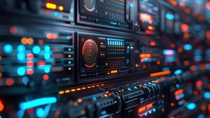 Futuristic data center with illuminated servers, showcasing advanced technology in action