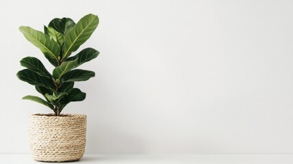 Lush Green Fiddle Leaf Fig Plant in Woven Basket Pot against White Wall Background