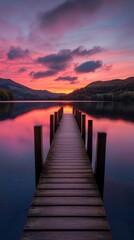 Obraz premium A serene wooden dock stretches over calm waters reflecting a vibrant sunset. Nature and tranquility come together in this picturesque scene. Perfect for relaxation. Generative AI