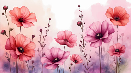 Seamless pattern with Pink flowers watercolor