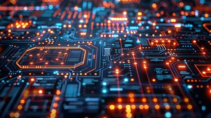 Obraz premium Abstract representation of a vibrant circuit board with glowing connections and nodes