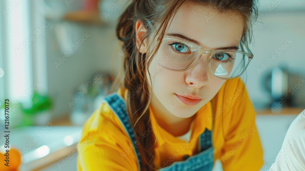 Canvas Prints A young woman with blue eyes and glasses is standing in a kitchen. She is wearing a yellow shirt and blue overalls