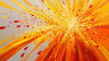 Dynamic abstract composition of golden yellow and fiery red paint splatters, streaks radiating outward like a sunburst, intricate droplet patterns interspersed with fine brushstroke details