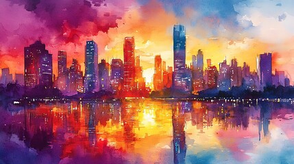 Fototapeta premium a watercolor painting of a city skyline at sunset.