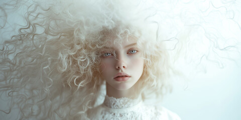 Fototapeta premium Close up Portrait of Young Woman with Curly Albino Hair. black albino woman white dress. Ethereal image