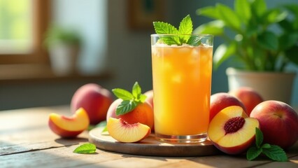 Fototapeta premium Refreshing Peach Iced Tea with Mint Garnish on Wooden Surface