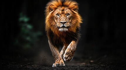 Fototapeta premium Running lion with a powerful mane and fierce gaze