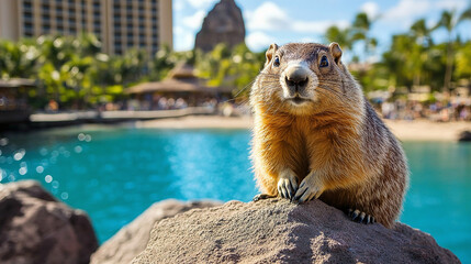 A curious groundhog perched on a rock with a tropical resort in the background, embodying playful wildlife and vacation vibes at a sunny seaside location.