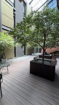 Japanese style terrace or outdoor area of Fulmar Hotel, Pasteur. modern and minimalist architecture design. eco green concept building with high glass ceiling