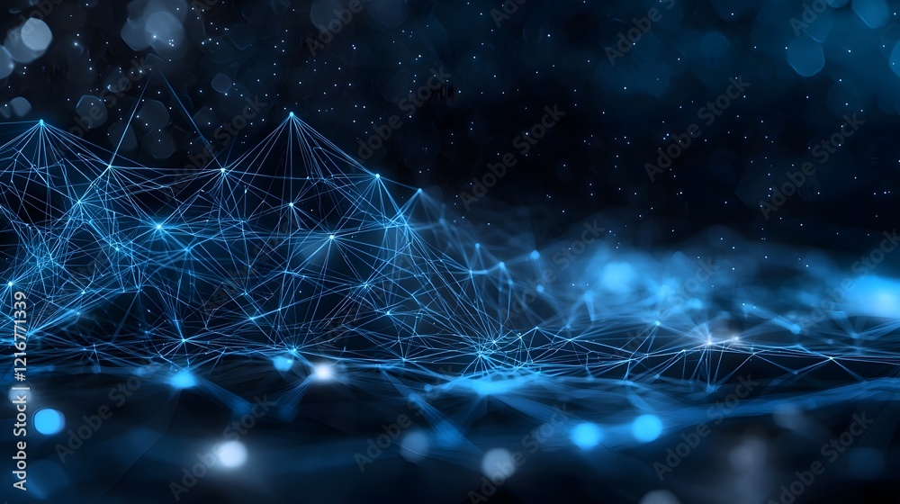 Poster Glowing Electric Blue Neural Network Showcasing Interconnected Pathways and Nodes in an Abstract Technological Landscape