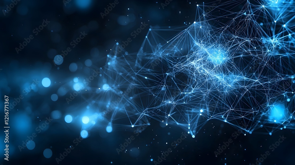 Poster Complex Neural Network Glowing in Electric Blue Abstract Technological Web Background  Showcasing the connection of nodes and pathways in a futuristic digital landscape