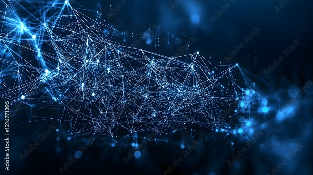 Poster Innovative digital technology concept with an abstract network of glowing blue lines and dots representing data intelligence and the dynamic flow of information in a futuristic cybernetic system