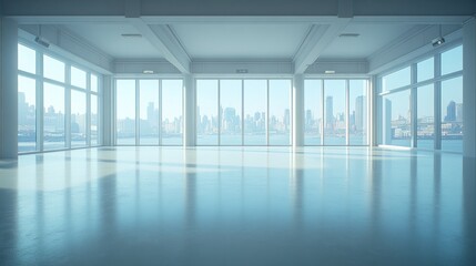 Obraz premium Empty modern office, city view, sunlight, floor, space