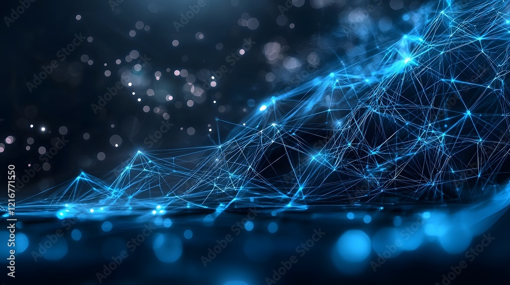 Leinwandbilder Captivating digital artwork depicting a complex web of bright blue lines dots and intricate patterns against a deep dark background creating a sophisticated futuristic