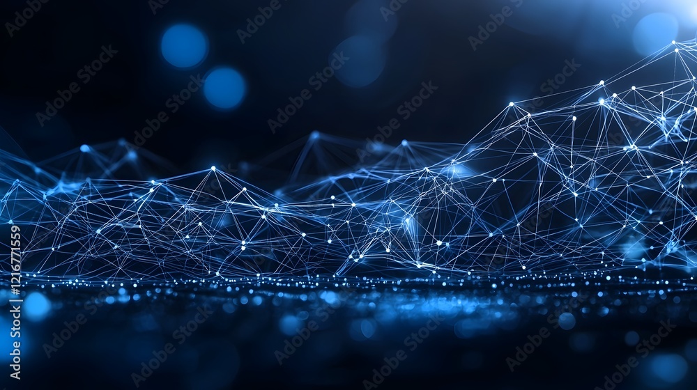 Poster Captivating digital abstract composition featuring a sophisticated web like network of bright blue lines and dots forming complex intricately layered patterns against a deep dark background