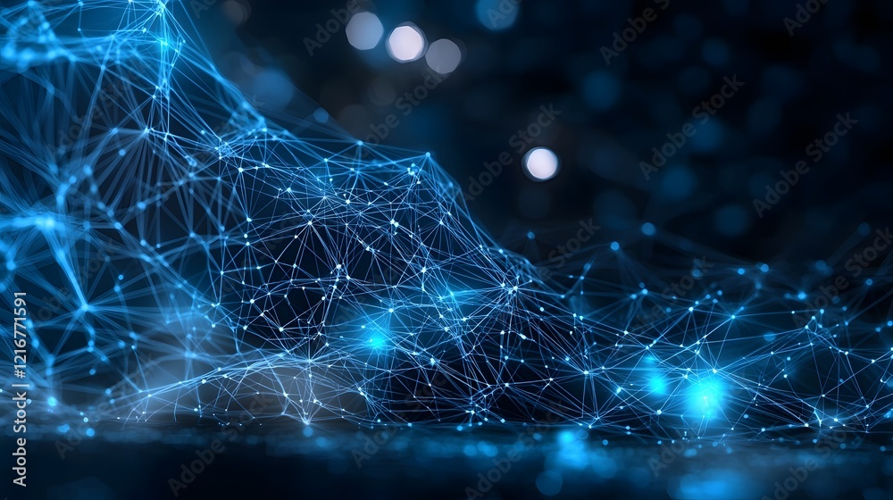Aufkleber Glowing Network Design with Interconnected Data Links Visualizing Cyber Processing  Abstract futuristic technology background with dark blue digital nodes and luminous interconnected system