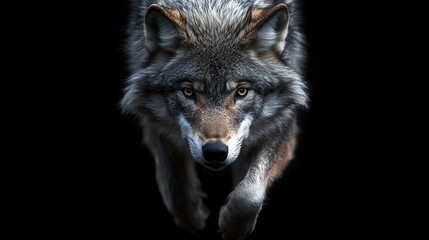 Fototapeta premium Running wolf with piercing gaze and detailed fur against a dark background