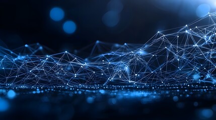 Obraz premium Captivating digital abstract composition featuring a sophisticated web like network of bright blue lines and dots forming complex intricately layered patterns against a deep dark background