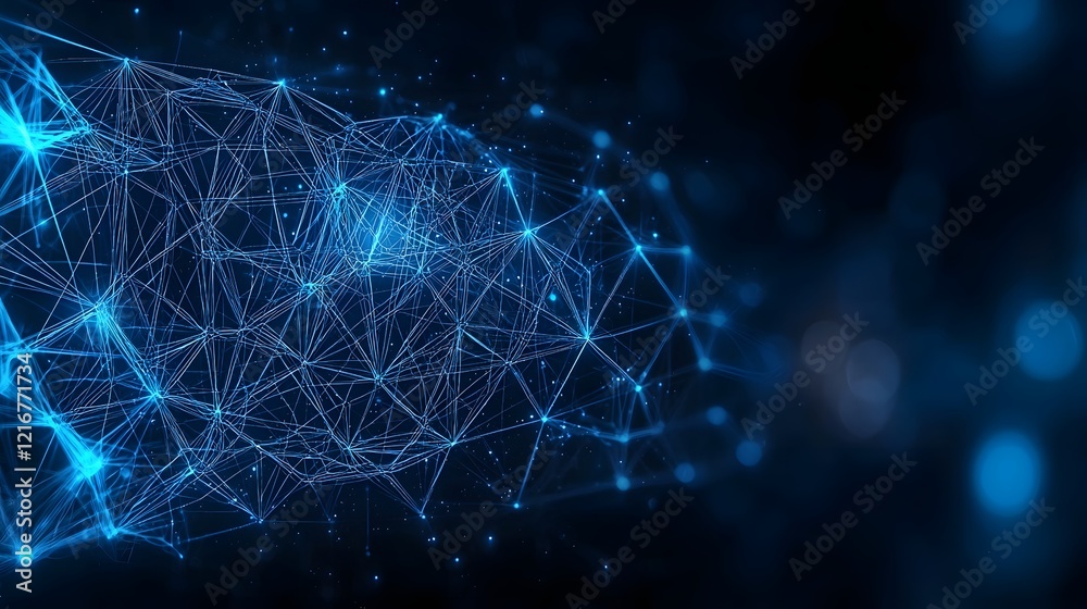 Poster Glowing Abstract Network Design with Interconnected Data Links Visualizing Cyber Processing  Futuristic digital technology concept featuring a dynamic system of blue nodes and data connections