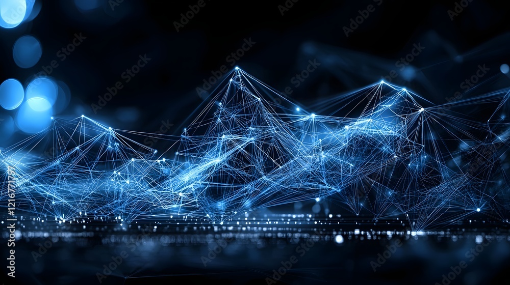 Poster Futuristic Data Network Concept with Bright Blue Light Connections and Digital Circuits Against Dark Background  High tech abstract digital technology with sleek modern design elements